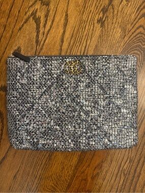 Quilted Tweed Metallic Zip Pouch - Black & Silver